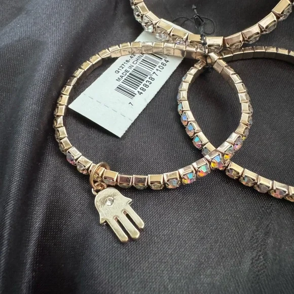 Guess Trio Rose Gold Tone Bling Stretch Bracelets w/a Hamsa & a Evil Eye Charms - Picture 5 of 6